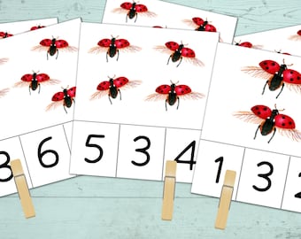 Ladybug count and clip cards #1-20, numbers 1-20 flash cards, counting cards, preschool math