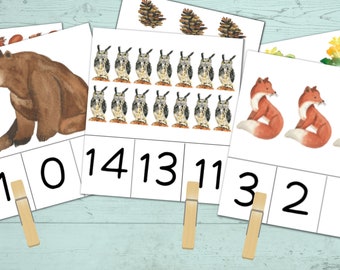 Woodland count and clip cards #1-20, numbers 1-20 flash cards, counting cards, preschool math