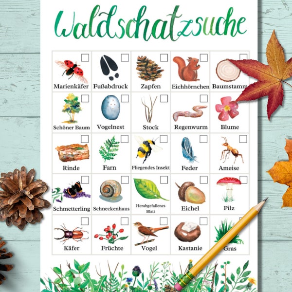 Waldschatzsuche pdf, Waldbingo, Naturbingo, Schatzsuche in der Natur als Sofortdownload