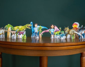 Dino Puppen zum Ausdrucken, Dino Tier Puppen und Landschaft, Papier Handwerk, sofort download