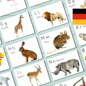 Duitse dierenalfabetkaarten, montessoribriefkaarten voor kleuterscholen, kleuterscholen en kinderdagverblijven, directe download