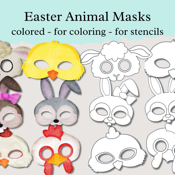 Máscaras de animales de Pascua, plantilla de máscara imprimible, juego de fiesta de primavera