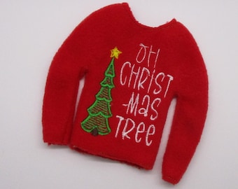 Handmade Elf Doll Sweater: "Oh Christmas Tree" Embroidered Costume