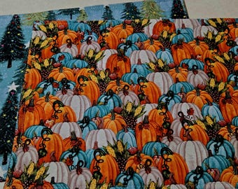 Reversible Fall/Christmas Placemat: Turquoise Quilted Cotton, Pumpkin & Tree Print