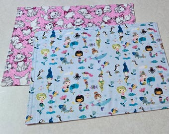 Kids Reversible Placemats: Pink Kittens and Mermaids, Quilted Cotton (~12" x 16")