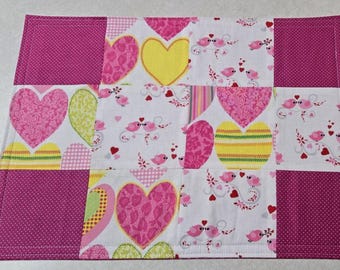 Quilted Patchwork Placemat: Hearts, Lovebirds, Polka Dots, Reversible