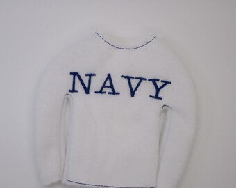 Handmade Elf Doll Sweater: Navy Embroidered Fleece, 12" Doll Costume