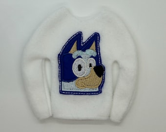 Fleece Elf Doll Sweater: Blue Dog Embroidery, 12" Doll Clothes