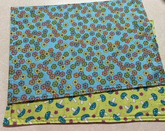 Reversible Quilted Placemats: Mushroom & Floral Design - Set of 2