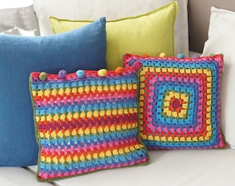 Granny Square Double-Sided Pillow Cover, Decorative Colorful Cushion Cover, Multicoloured Patchwork Crochet Boho Decor for Living Room