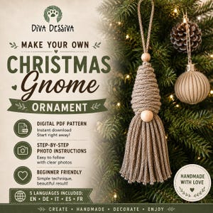 May include: A DIY craft kit for a Christmas gnome ornament featuring a digital PDF pattern, step-by-step photo instructions, and beginner-friendly techniques. The text includes Diva Dessiva, Make Your Own Christmas Gnome Ornament, and Handmade With Love.