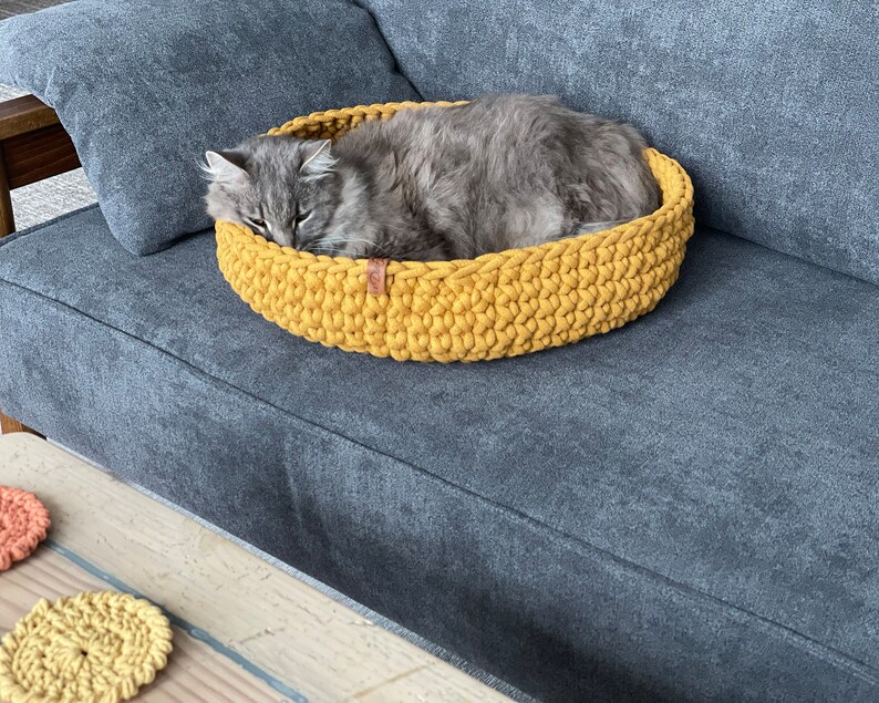 Puede incluir: Un gato gris durmiendo en una cama de gato de crochet amarillo en un sof&aacute; gris.