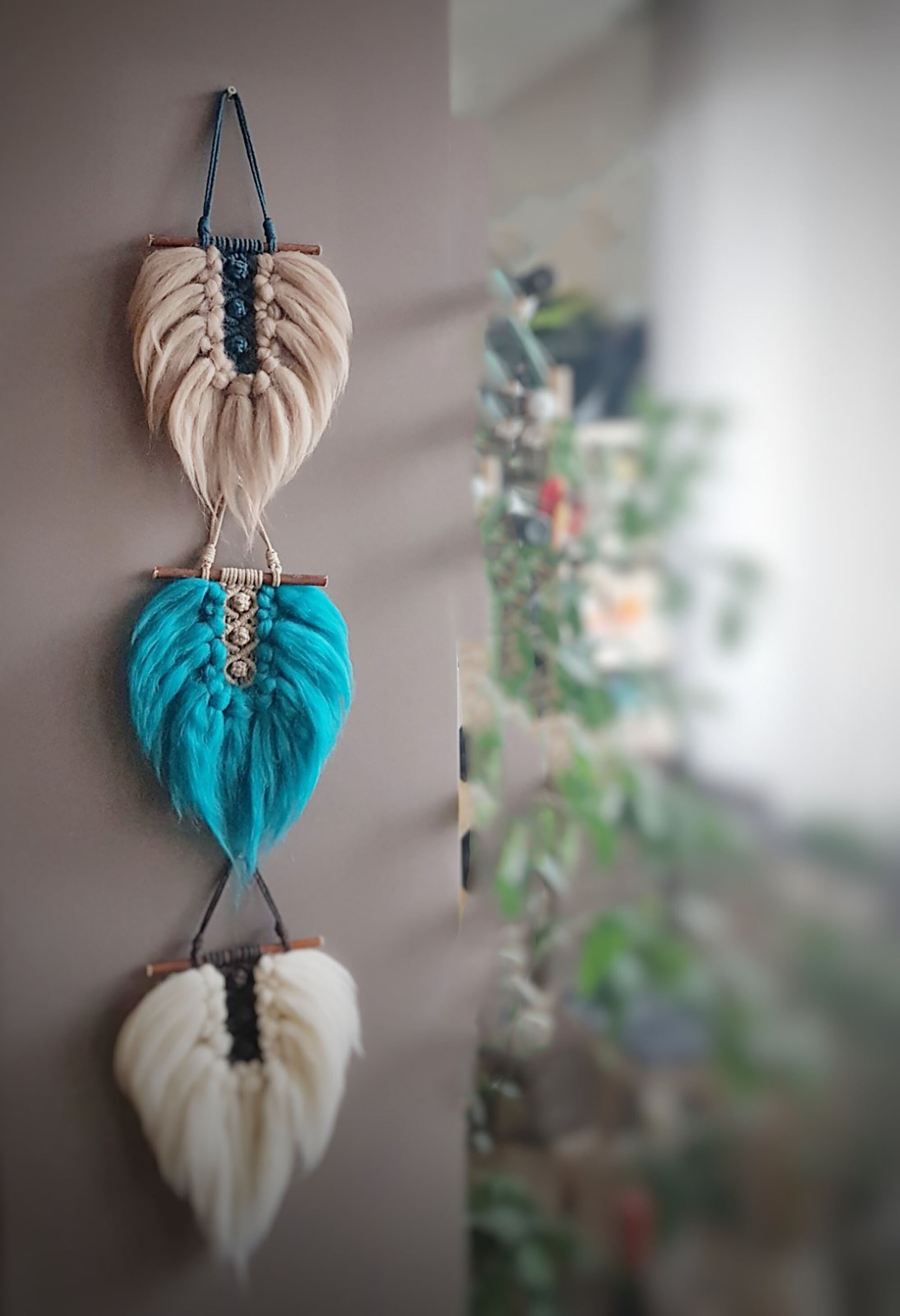 Yarn Wall Art Gray Feather Wool Macrame Wall Hanging Leaf Etsy