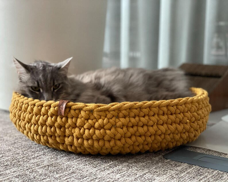 Puede incluir: Un gato gris descansando en una cama de gato de crochet amarillo.