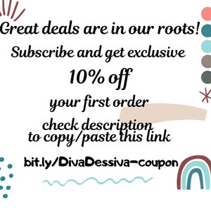 Puede incluir: Un gr&aacute;fico con un sol, un arco&iacute;ris y otras formas abstractas. El texto dice "Great deals are in our roots! Subscribe and get exclusive 10% off your first order check description to copy/paste this link bit.ly/DivaDessiva-coupon"
