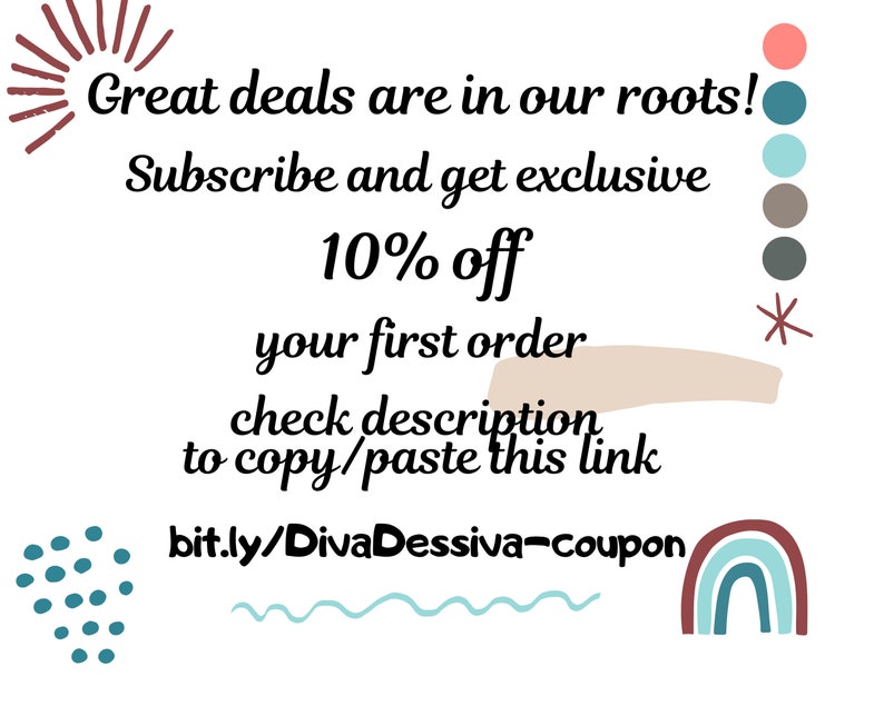 Puede incluir: Un gr&aacute;fico con un sol, un arco&iacute;ris y otras formas abstractas. El texto dice "Great deals are in our roots! Subscribe and get exclusive 10% off your first order check description to copy/paste this link bit.ly/DivaDessiva-coupon"
