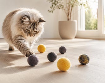 Wool Felt Ball Cat Toys, Yellow Gray Set, Gifts for Cat Lovers