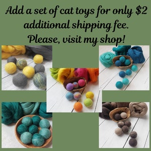 May include: A set of colourful felt cat toys in various colours, including grey, yellow, green, blue, and brown. The toys are arranged in a variety of ways, including in a bowl, on a table, and on a piece of fabric.