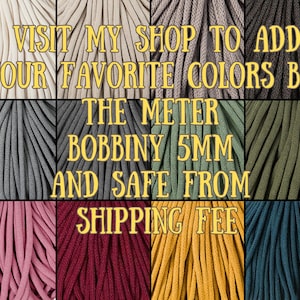 Puede incluir: Una variedad de colores de cord&oacute;n de algod&oacute;n de 5 mm, cada color est&aacute; enrollado en una bola. El texto "VISIT MY SHOP TO ADD YOUR FAVORITE COLORS BY THE METER BOBBINY 5MM AND SAFE FROM SHIPPING FEE" se muestra en la imagen.