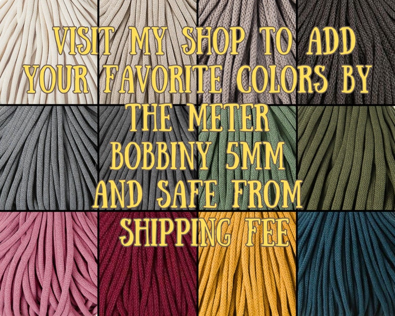 Puede incluir: Una variedad de colores de cord&oacute;n de algod&oacute;n de 5 mm, cada color est&aacute; enrollado en una bola. El texto "VISIT MY SHOP TO ADD YOUR FAVORITE COLORS BY THE METER BOBBINY 5MM AND SAFE FROM SHIPPING FEE" se muestra en la imagen.