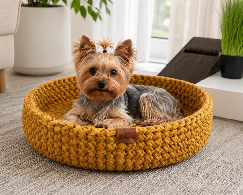 Handmade Cat Bed, Customized Small Dog Bed, Crochet Chunky Eco Friendly Cat Basket, Cat Birthday Gift image 8