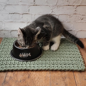 May include: A black metal pet bowl featuring a silver fish skeleton icon on the side, placed on a rectangular sage green crocheted mat with a small brown leather tag attached to the corner, providing a textured surface for feeding.