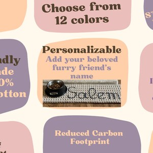 May include: A customizable, eco-friendly dog bowl mat made from 100% recycled cotton. The mat is available in 12 colours and can be personalised with your pet's name. It is machine washable and certified STANDARD 100 by OEKO-TEX. The mat is also available in custom sizes.