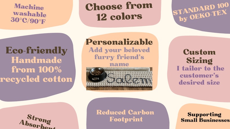 May include: A customizable, eco-friendly dog bowl mat made from 100% recycled cotton. The mat is available in 12 colours and can be personalised with your pet's name. It is machine washable and certified STANDARD 100 by OEKO-TEX. The mat is also available in custom sizes.