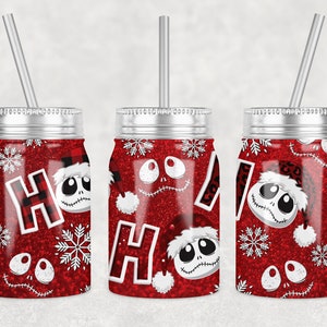 17 oz Mason Jar Tumbler Sublimation Design, Red Glitter Mason Jar, Christmas Jack Design, Ho Ho Ho Jack Santa Digital Instant Download PNG