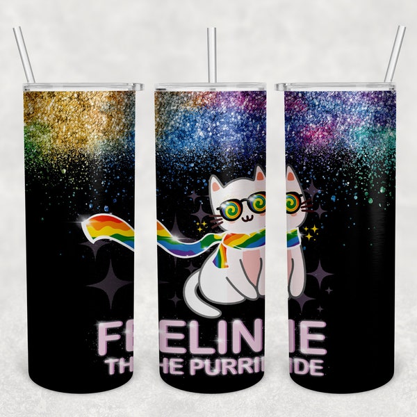 20 oz Skinny Tumbler Faux Glitter Wrap, Support Gay/Lesbian Pride Tumbler Wrap, LGBT Feline the Purride Sublimation PNG