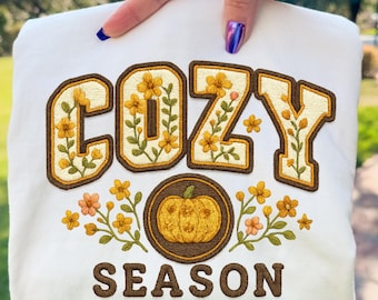 PNG de temporada acogedora / Letras de parche floral con calabaza / Clipart de otoño con bordado falso para sublimación y camisetas