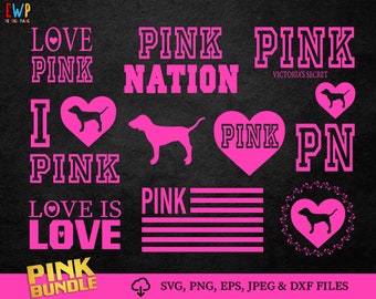 May include: A digital graphic collection featuring bright pink text and dog silhouettes on a black background. Designs include phrases like LOVE PINK, PINK NATION, I LOVE PINK, LOVE IS LOVE, and PN, alongside heart shapes and a striped flag motif.