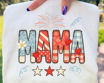 Patriotic MAMA Patchwork PNG | Red White & Blue Quilted Appliqué Letters with Fireworks, Stars