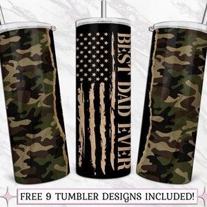 Father's Day Tumbler PNG - Camouflage Best Dad Ever Seamless Sublimation Designs - Skinny Tumbler 20oz Design 2022 - Dad American Flag PNG