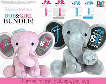 May include: A pink plush elephant and a gray plush elephant, each featuring dark gray inner ears printed with birth statistics including date, time, weight in pounds and ounces, and length in inches, alongside customizable name templates.