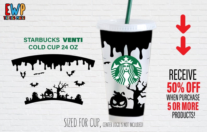 Full Wrap Halloween Starbuck Cup SVG | DIY Venti Cup 24 Oz Instant Download | Starbuck Halloween Boo Theme Decal Cricut, Starbuck Wrap SVG 