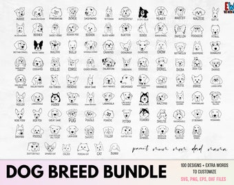 Könnte beinhalten: Eine digitale Sammlung von 100 schwarz-weißen Strichzeichnungen verschiedener Hunderassen, Katzen und eines Hasen, jeweils mit Namen beschriftet. Die Grafik enthält den Text DOG BREED BUNDLE sowie zusätzliche Wörter in Schreibschrift.