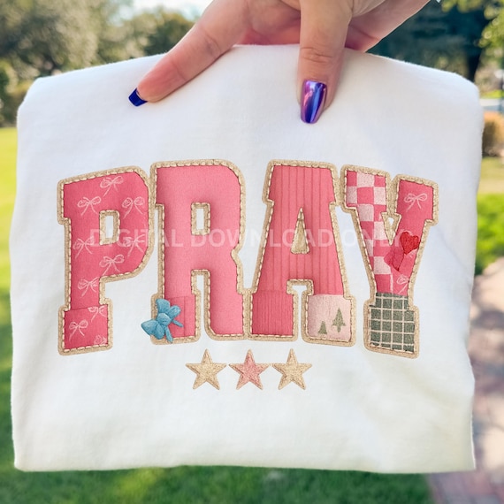 PRAY Patchwork Letters PNG | Pink Quilted Appliqué Christian Clipart with Stars & Bows for Sublimation