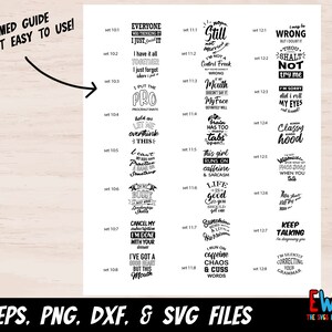 May include: A digital design sheet featuring a collection of black text-based quotes and phrases arranged in three columns. Each entry is labeled with a set number, such as set 10:1 through set 12:8, showcasing various humorous and sarcastic sayings.