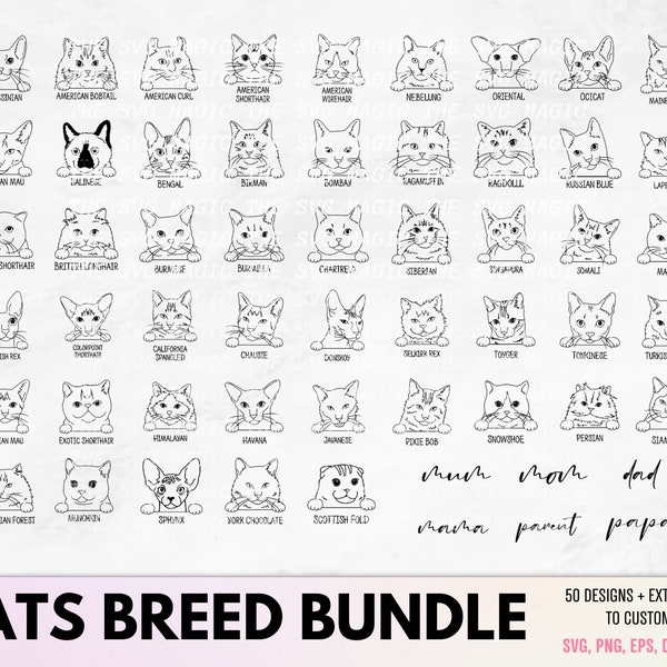 Cat mom SVG, Exclusive Cats SVG Bundle, Cats SVG, Cat breed svg, cat face Bundle svg, cat paw print Glowforge, Cat Breed Cut Files