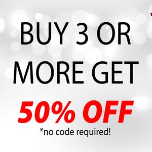 May include: A promotional graphic with black text reading BUY 3 OR MORE GET, followed by large red text reading 50% OFF, and smaller black text reading *no code required!. The top right corner features a logo with the text EWP THE SVGS MAGIC.