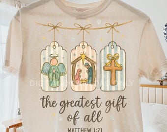 Greatest Gift of All PNG | Angel, Nativity & Cross Gift Tags Watercolor Christian Christmas Clipart