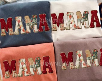 MAMA Patchwork Letters PNG | Vintage Floral Quilted Appliqué Clipart for Sublimation & Sweatshirts