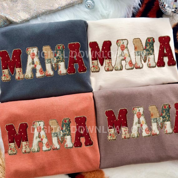 MAMA Patchwork Letters PNG | Vintage Floral Quilted Appliqué Clipart for Sublimation & Sweatshirts