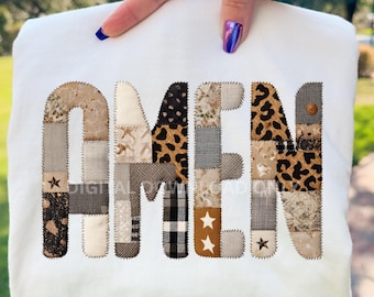 AMEN Patchwork PNG | Neutral Leopard & Plaid Appliqué Letters Christian Clipart for Sublimation |  Shirts