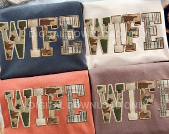 WIFEY Camo Patch PNG | Faux Embroidery Varsity Letters in Neutral Green for Sublimation & Shirts