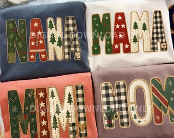 Christmas Mom Names PNG Bundle | Patchwork Felt Letters Clipart (mom, mama, mimi, nana) for Sublimation
