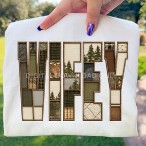 WIFEY Camo Patch PNG | Faux Embroidery Varsity Letters with Rustic Outdoors Vibe for Sublimation & Shirts