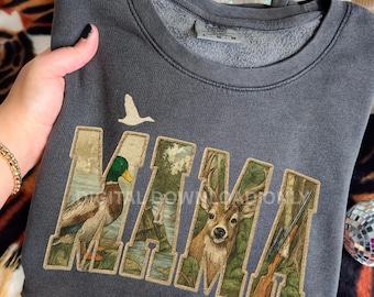 Faux Embroidery Mama Camouflage Print, Hunting Mama, Duck & Rifle Patchwork Clipart for Sublimation