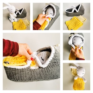 Big Toy&#39;s Bassinet with Pillow and Blanket crochet PDF pattern. Amigurumi accessories for Big Toy&#39;s collection. Digital download